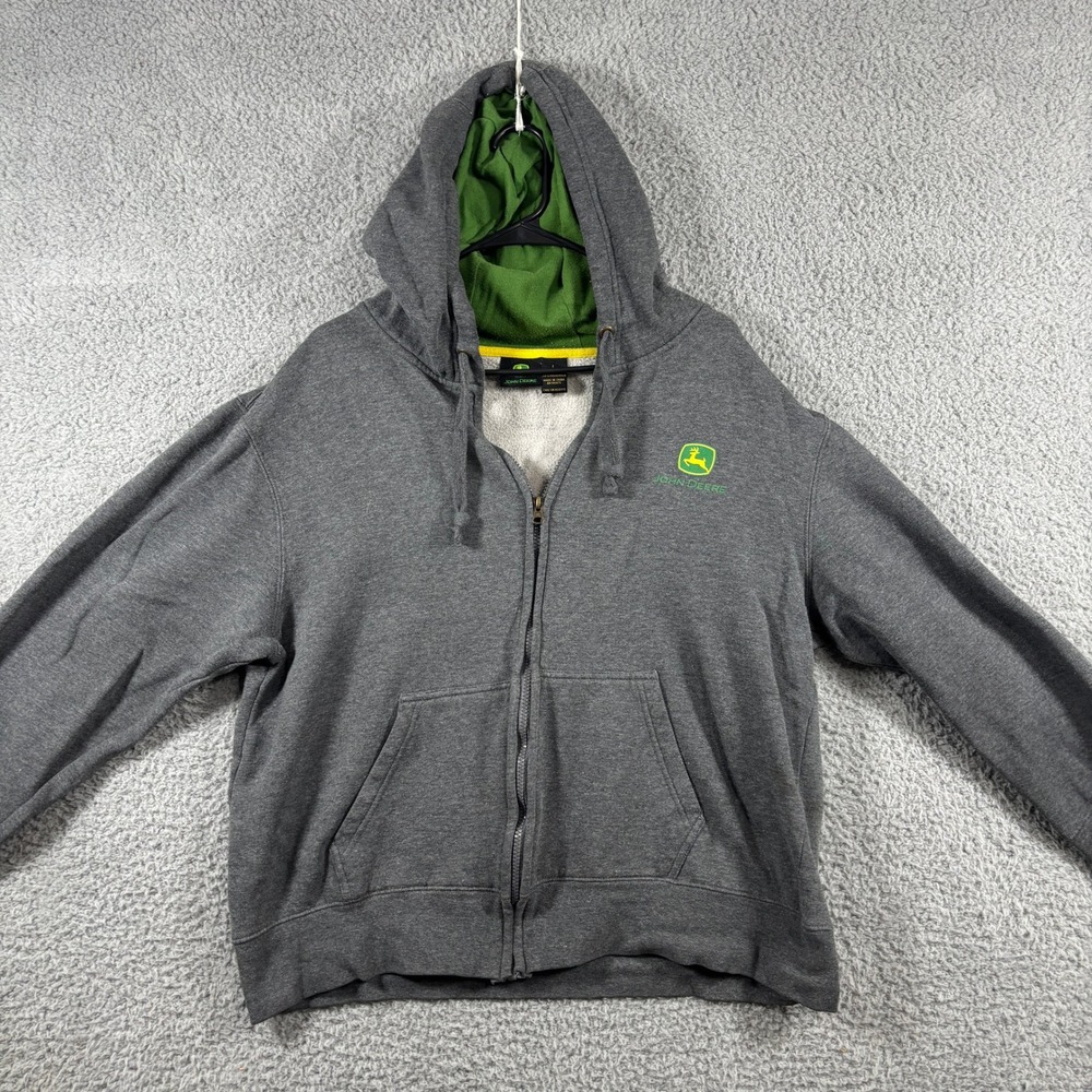 John Deere Mens Gray Full Zip Hoodie L Green Lined Hood Embroidered Logo